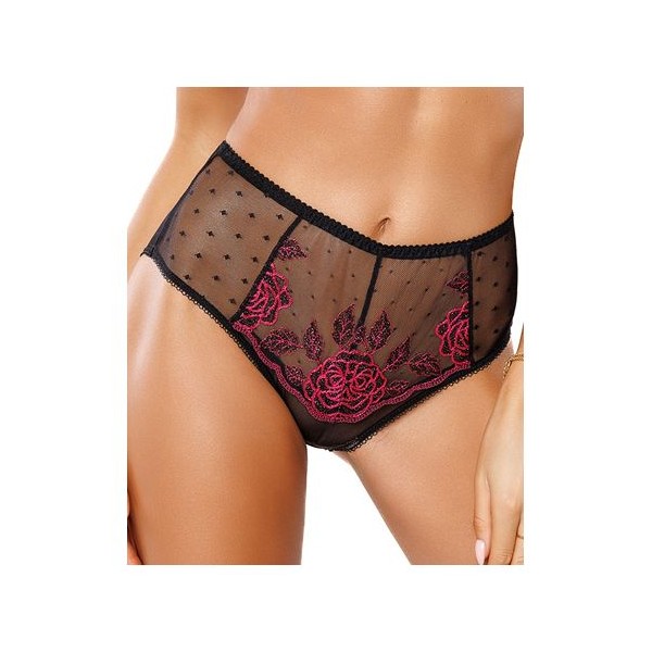 Culotte PERFECT  noir en dentelle broderie rouge